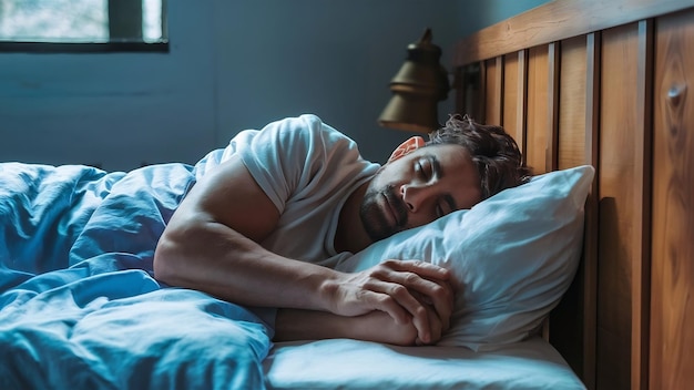 Man sleeping on bed in the morning