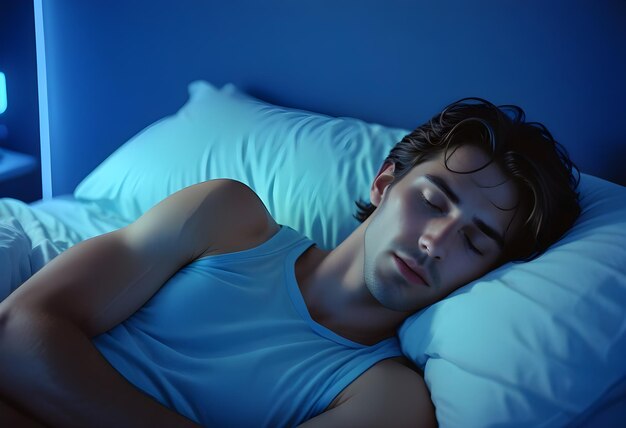 Foto un uomo che dorme in un letto con una luce blu dietro di lui