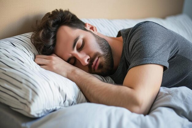 Foto un uomo che dorme su un letto con gli occhi chiusi