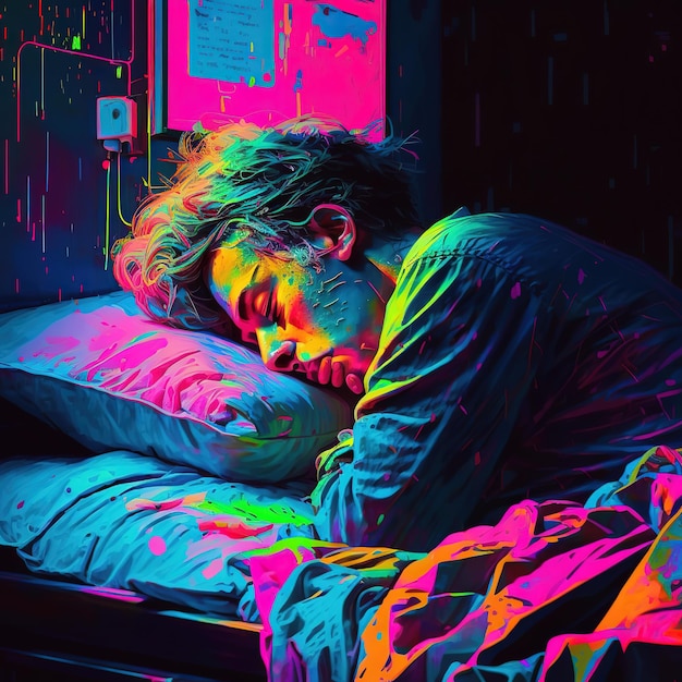 A man sleeping on a bed with a pink and blue neon sign on the wall behind him.