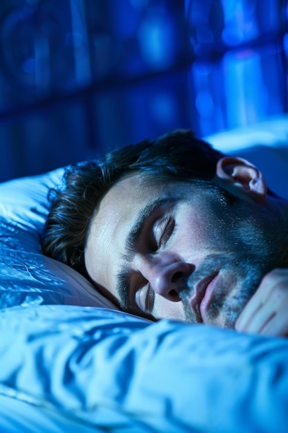Foto un uomo che dorme in un letto con la parola 