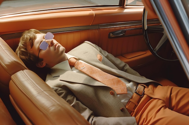 Man sleeping in car with sunglasses and orange pants