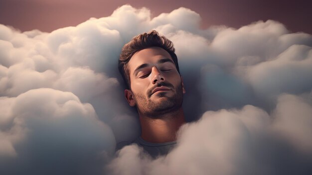 写真 雲の上で眠っている男の写真