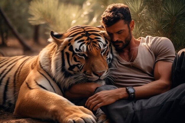 Photo man sleeping with a tiger in the jungle