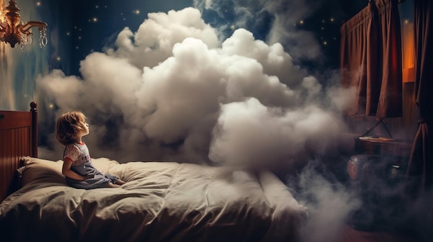 A man sleeps on a bed with smoke and a cloud of stars in the background.