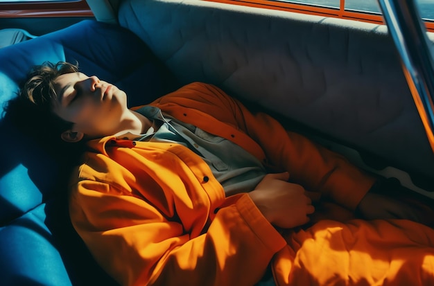 한 남자가 밝은 주황색 재킷을 입고 소파에서 잔다.