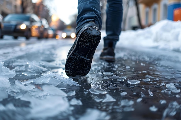 写真 都市の凍った歩道で滑った男性は落ちる危険に直面していますコンセプト事故冬天気都市生命安全予防措置緊急対応