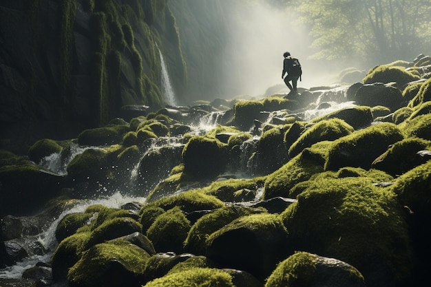 Man slipping on mosscovered rocks near a generative ai