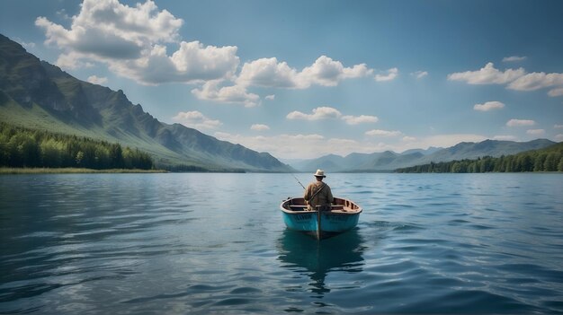 Photo a man in a small fishing boat on calm blue water of a lake