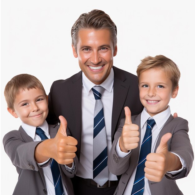 man and small kids looking forward camera and good luck thumb