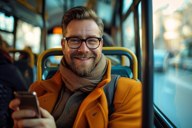 Man smartphone or morning bus ride from the office for public transport wifi connection and typing