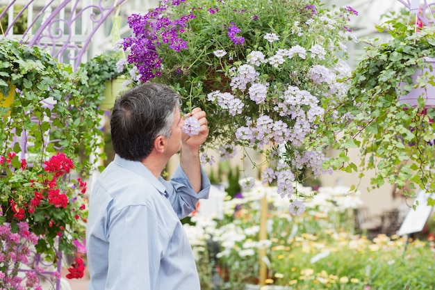 Man smelling flower