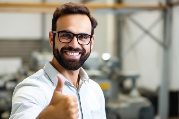 Man smile and thumbs up in workshop to show approval or agreement