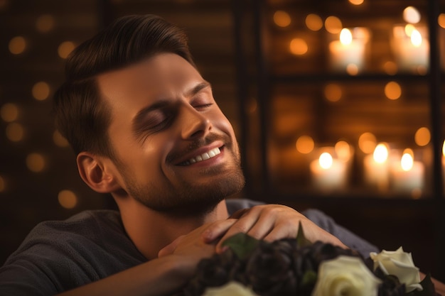 A man smiles as he holds a bouquet of colorful flowers in his hands men enjoying relaxing spa massage AI Generated