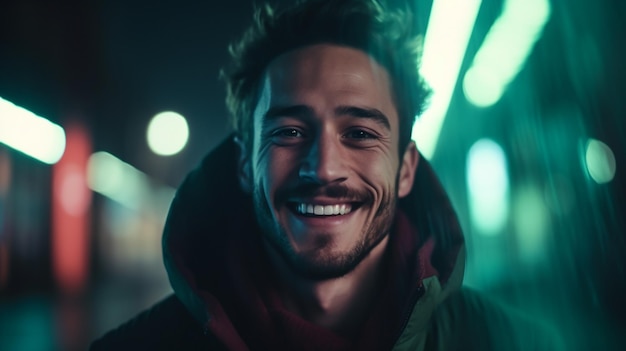 A man smiles at the camera in the dark.