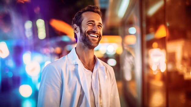 A man smiles at the camera in front of a storefront