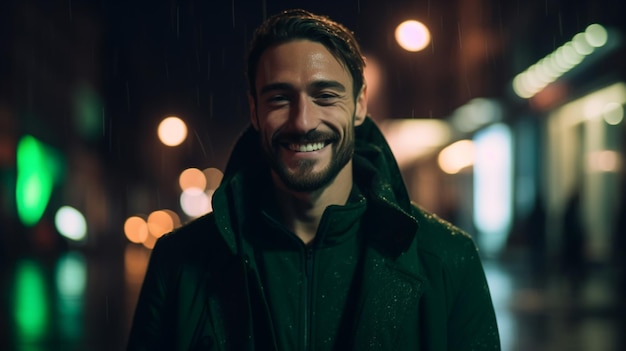 A man smiles at the camera in the rain.