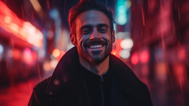 A man smiles at the camera in the rain.