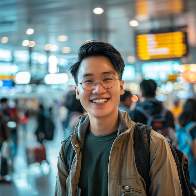 男性が空港の背景でカメラに笑顔を浮かべる