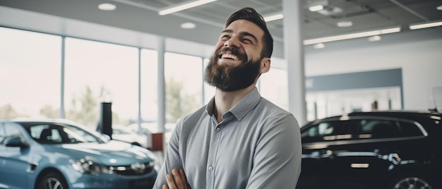 Photo a man smiles in front of a car with a smile on his face