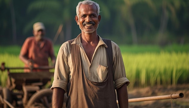 a man smiles in front of a rice field