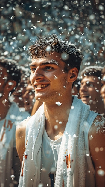 a man smiles in front of water bubbles