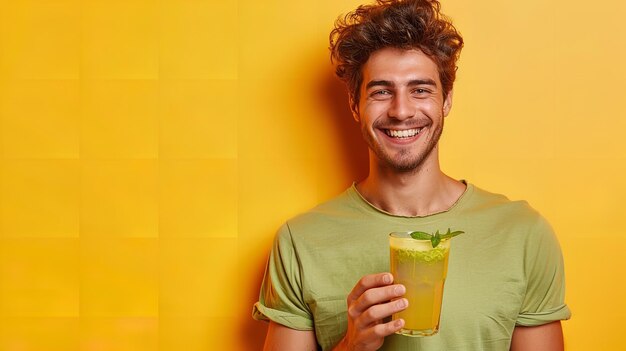 Photo a man smiles and holds a glass of lime juice