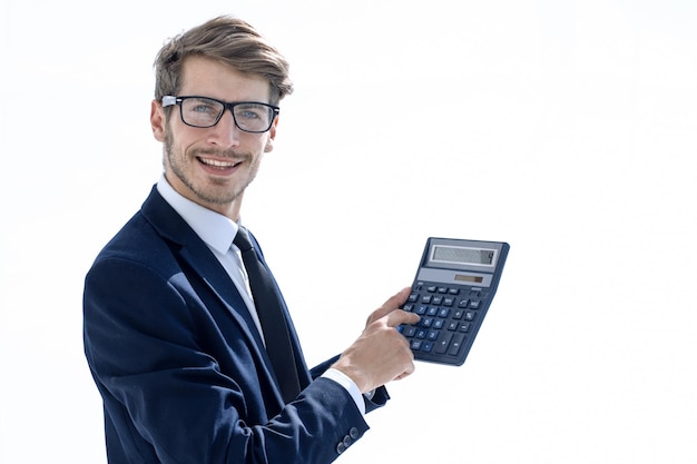 Man smiles and shows on calculatorprofit