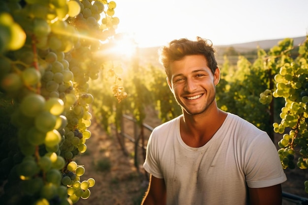 a man smiles in a vineyard with grapes