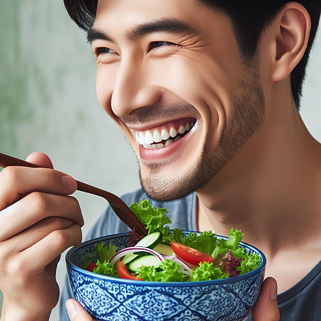 a man smiles while holding a bowl of salad with a fork