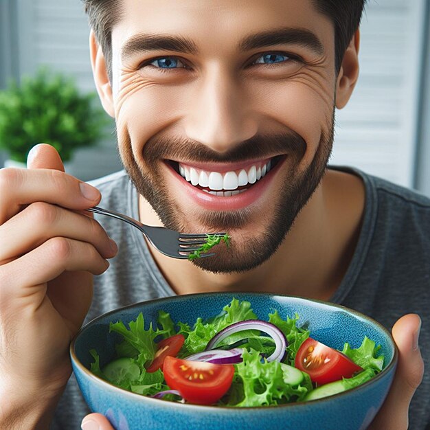 a man smiles while holding a bowl of salad with a fork