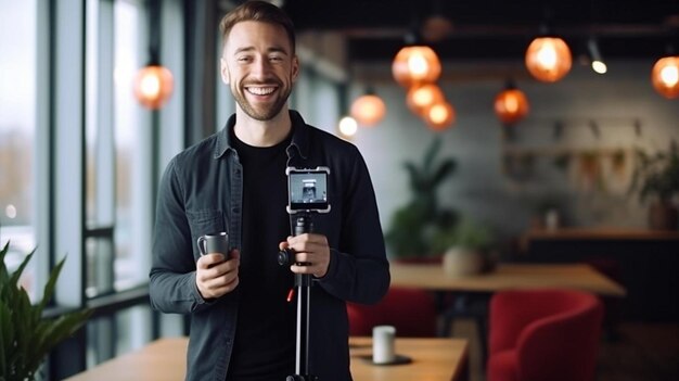 a man smiles while holding a camera with a camera on it