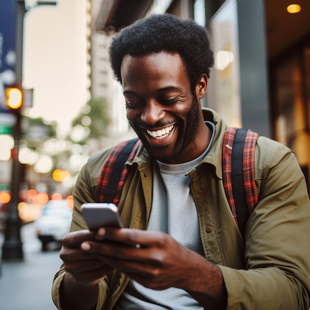 a man smiles while looking at his phone