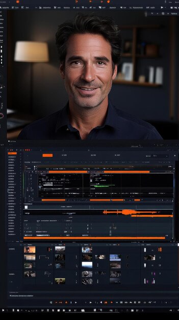 a man smiles while using video editing software on a computer screen