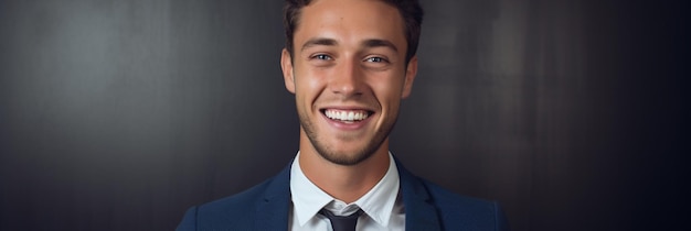 a man smiles with a black background that says " happy ".