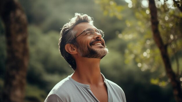 a man smiles with his eyes closed and wearing glasses