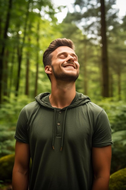 a man smiles in the woods wearing a green hoodie