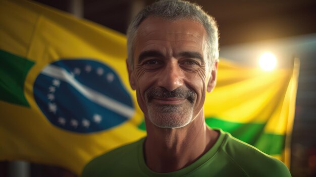 Un uomo sorride alla telecamera con una bandiera brasiliana nel giorno dell'indipendenza del brasile