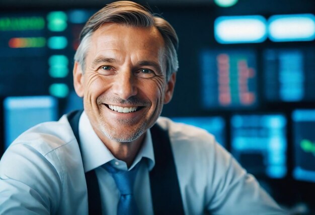 Photo a man smiling in front of a screen with a picture of a smiling man