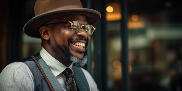 a man smiling and in a hat a man in glasses and vest generative AI