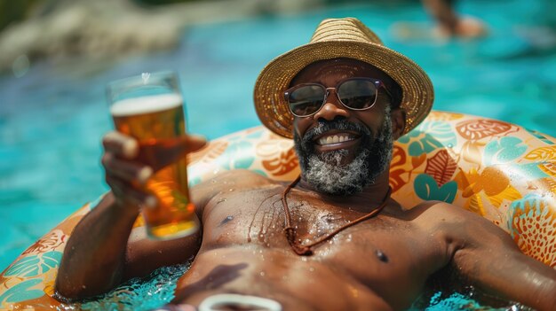 Man smiling in leisure on yellow float in pool water chest high hat on head