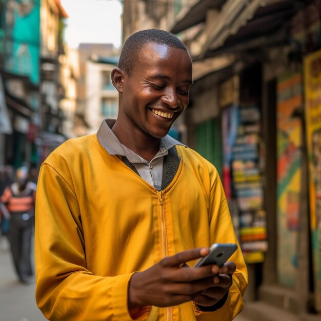 a man smiling and looking at his phone