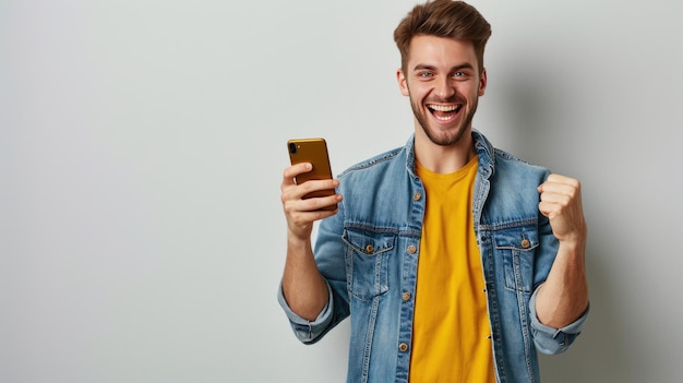Photo man smiling and looking at his smartphone which he holds in his hands