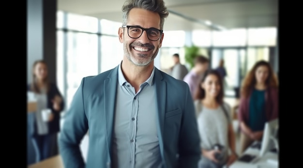 man smiling in office with others around business