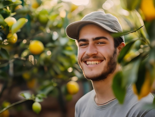 A man smiling in an orange orchard