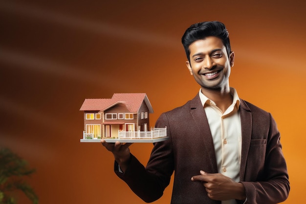 Photo man smiling and showing house real estate concept