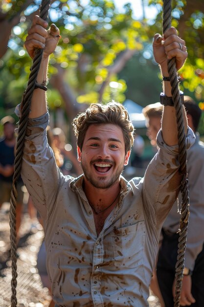 Foto uomo sorridente che oscilla sulla corda