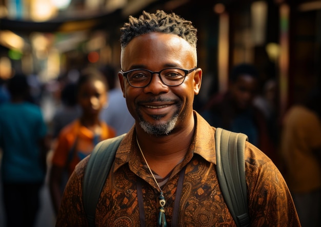 Man smiling in the urban street A man with glasses and a backpack smiles at the camera