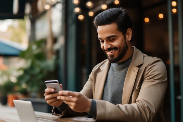 Man smiling and using mobile for online payment