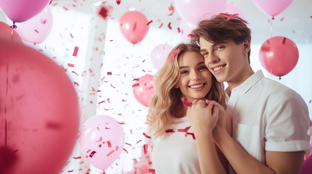 A man smiling while his girlfriend looks at the room full of red balloons and confetti celeberation